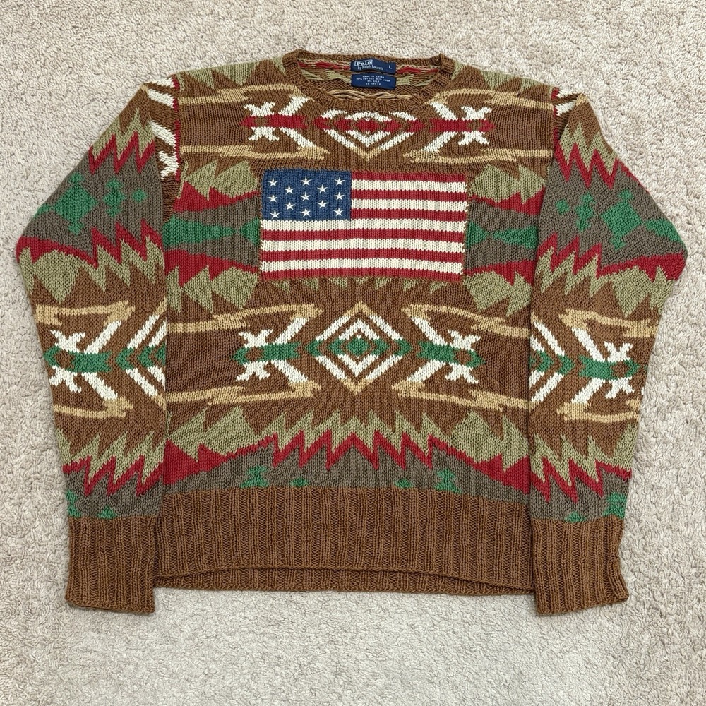 Vintage Polo Ralph Lauren Aztec American Flag Sweater Mens Large Cotton Knit - Picture 1 of 8